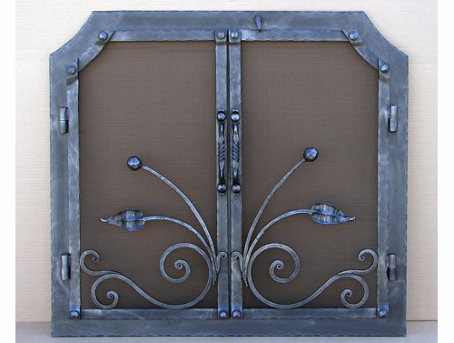 DF1M Arched Fireplace Door With Partial Leaf and Ball Scroll with Custom Corners